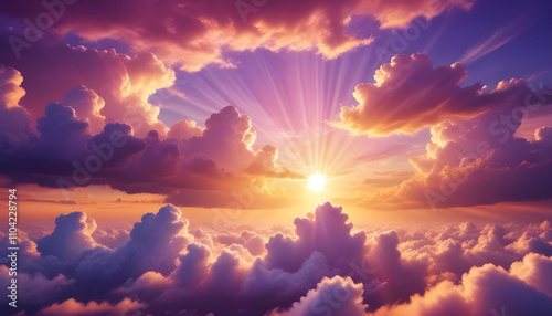 Colorful sunset sky with fluffy clouds, sun rays breaking through the clouds