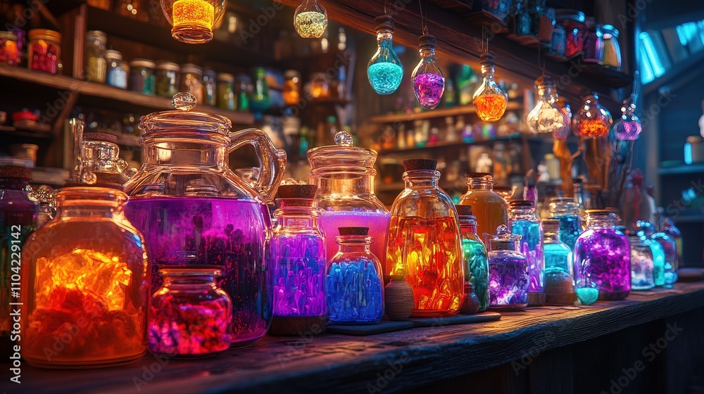 Cozy Scene with Colorful Potions and Warm Lights Cozy Scene with Colorful Potions and Warm Lights