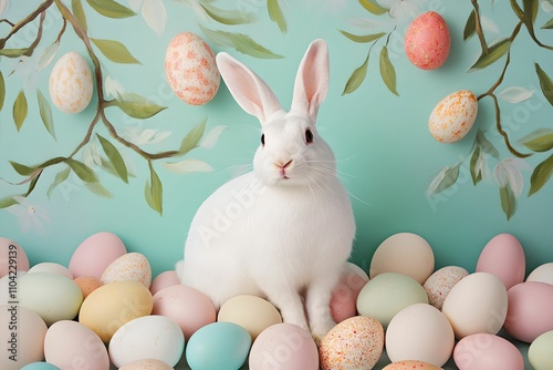  Cute Easter rabbit with colorrful eggs on a wallpaper background. For, banner, design, banner, poster, menu, print, poster, etsy, postcard, linkedin, presentation. Copy space for text photo