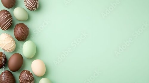 Top view easter chocoltate eggs border on green background.  For design, banner, poster, menu, print, poster, etsy, postcard, linkedin, presentation. Copy space for text photo