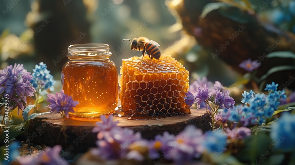 A piece of honeycomb, golden brown and full of cells sits on a wooden slice. A piece of honeycomb, golden brown and full of cells sits on a wooden slice.