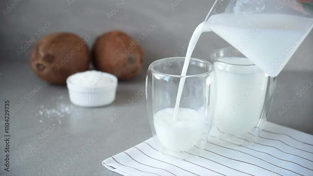 fresh vegetable coconut milk is poured into a transparent glass
