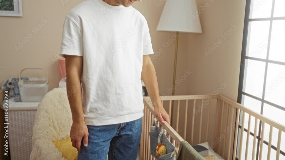 Young man standing in a cozy nursery room with a wooden cradle, smiling and relaxed, showcasing modern interior decor and sunlight streaming through the window. Young man standing in a cozy nursery room with a wooden cradle, smiling and relaxed, showcasing modern interior decor and sunlight streaming through the window.