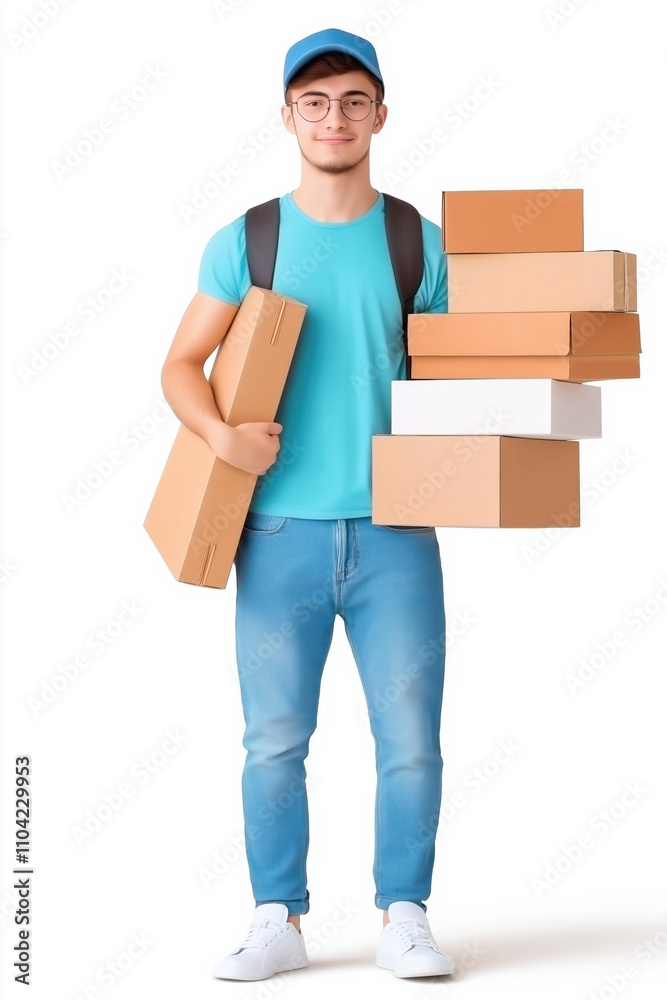 Young man carrying multiple boxes, preparing for delivery or moving tasks at home Young man carrying multiple boxes, preparing for delivery or moving tasks at home