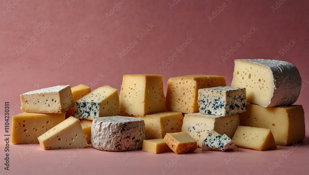 Fototapeta premium Assorted cheeses against a pink background.