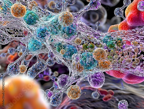 Vibrant depiction of RNA transcription process within a cell showcasing molecular synthesis