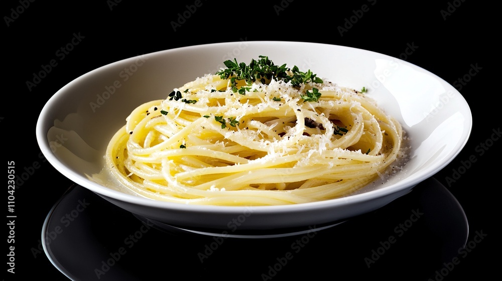A plate of spaghetti with cheese and herbs. A plate of spaghetti with cheese and herbs.