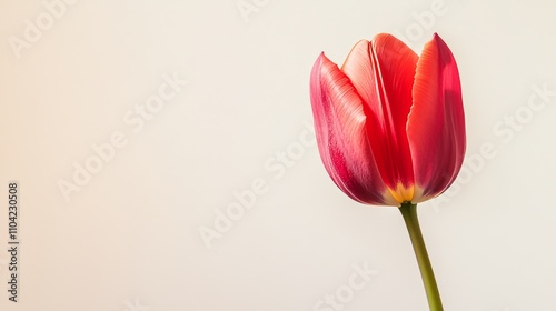 A single vibrant crimson tulip against a light ivory background, close-up shot, Minimalist style