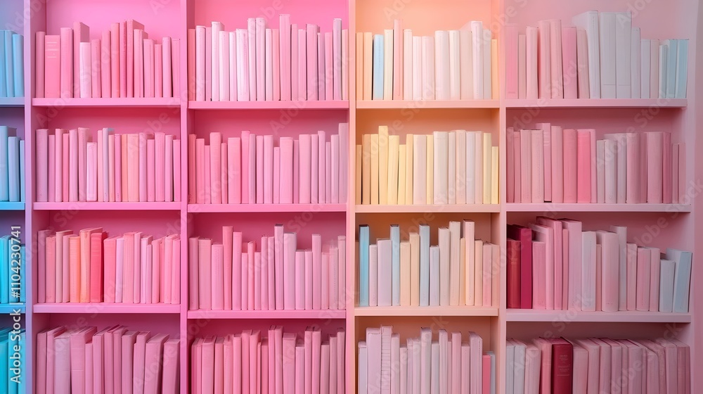 A row of pink bookshelves with books of different colors A row of pink bookshelves with books of different colors