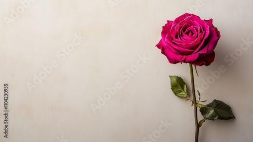 A single vibrant fuchsia rose against a light taupe background, close-up shot, Minimalist style