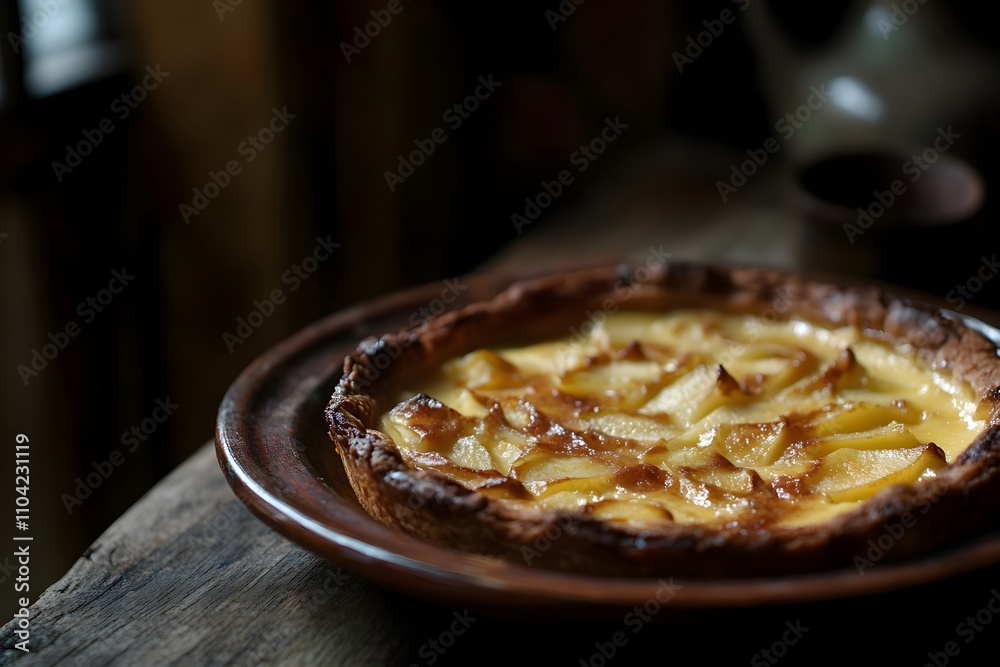 Golden Tarte Normande with caramelized apples on a terracotta plate, set on a wooden table in a cozy rustic kitchen with soft lighting Golden Tarte Normande with caramelized apples on a terracotta plate, set on a wooden table in a cozy rustic kitchen with soft lighting