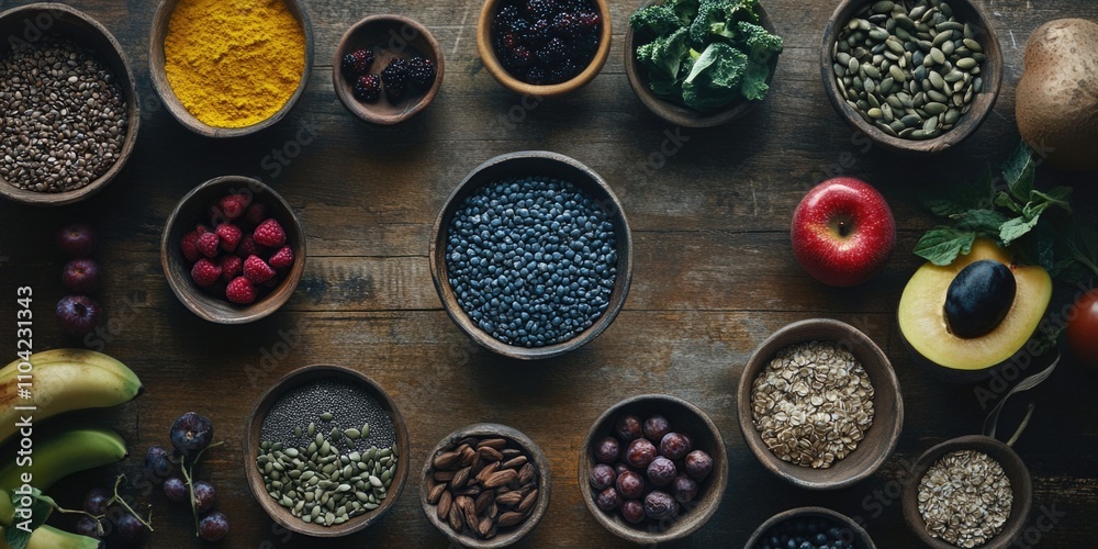 Variety of seasonings in jars on wooden table