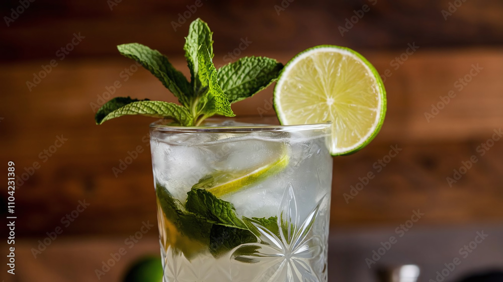 Refreshing Mojito, Alcoholic or Soft Summer Drink with Mint and Lemon in a Glass Refreshing Mojito, Alcoholic or Soft Summer Drink with Mint and Lemon in a Glass