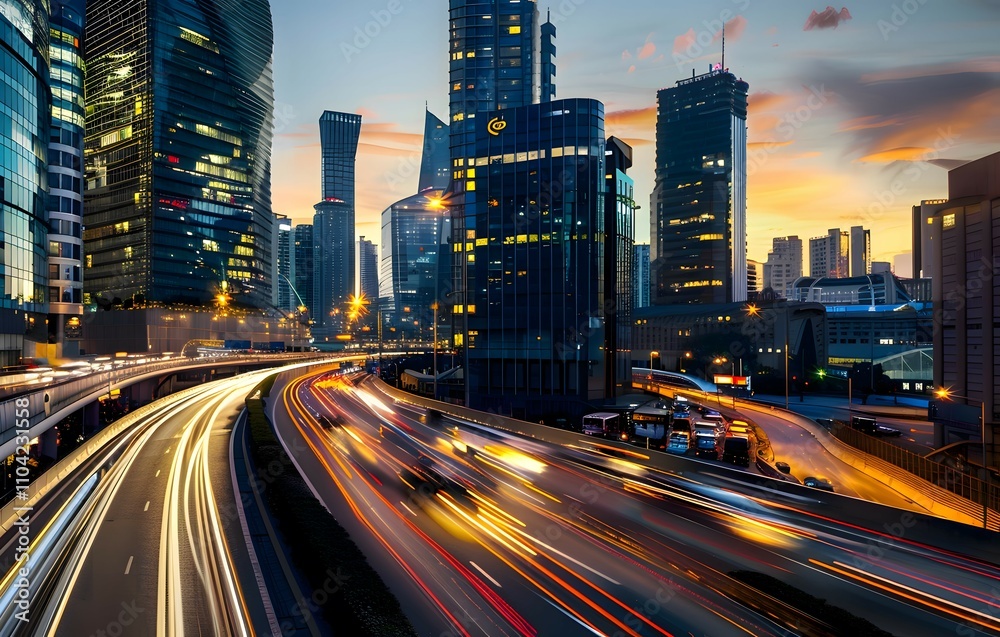 Obraz premium a business city with fast-moving cars, skyscrapers, lights, and vibrant life,