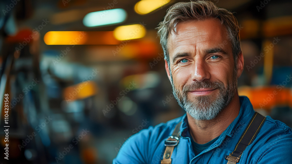 Caucasian mature male in workshop, smiling with confidence and ease Caucasian mature male in workshop, smiling with confidence and ease