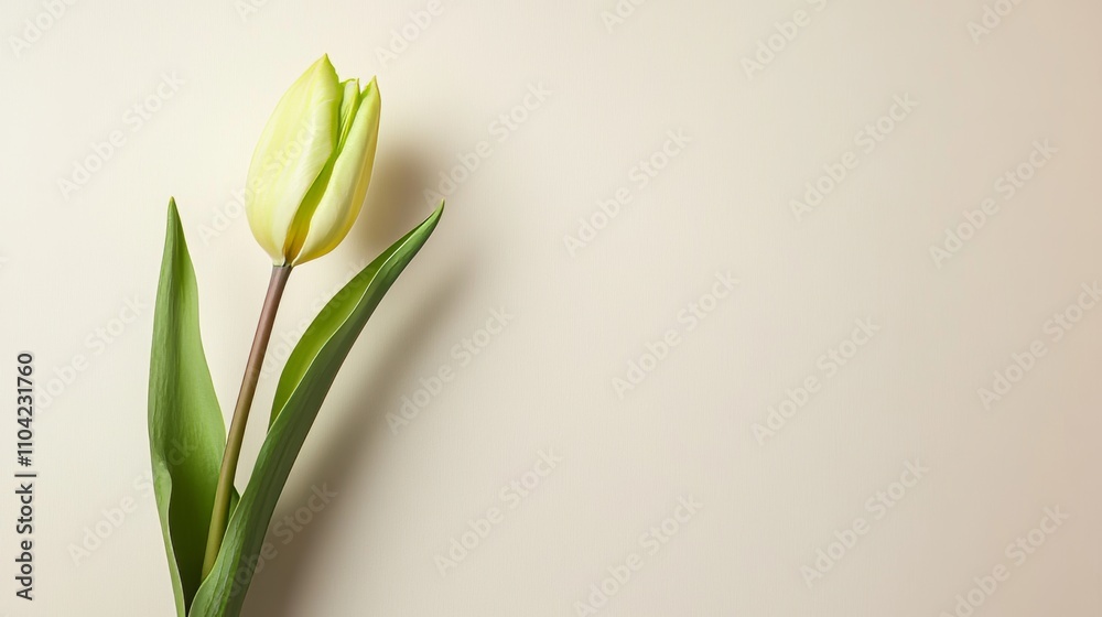Obraz premium A single vibrant lime green tulip against a light beige background, close-up shot, Minimalist style