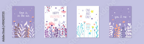 Floral Romantic Greeting Card for Valentine Day Vector Set