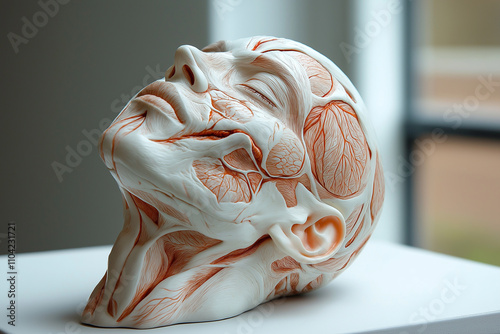 A white and red head sculpture of a human. The head is made of clay and has a realistic look to it. The sculpture is placed on a white pedestal, which adds to its aesthetic appeal photo