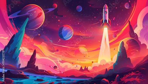 Fototapeta Naklejka Na Ścianę i Meble -  Rocket launching into a vibrant, colorful cosmos.  A surreal, artistic depiction of space exploration.