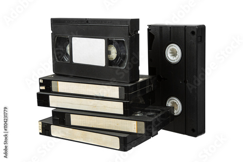 A stack of vintage VHS tapes on a transparent background