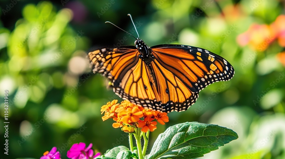 Fototapeta premium A monarch butterfly rests on an orange flower surrounded by greenery.