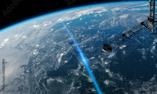 Satellite launching a powerful laser beam directed at the earth's surface