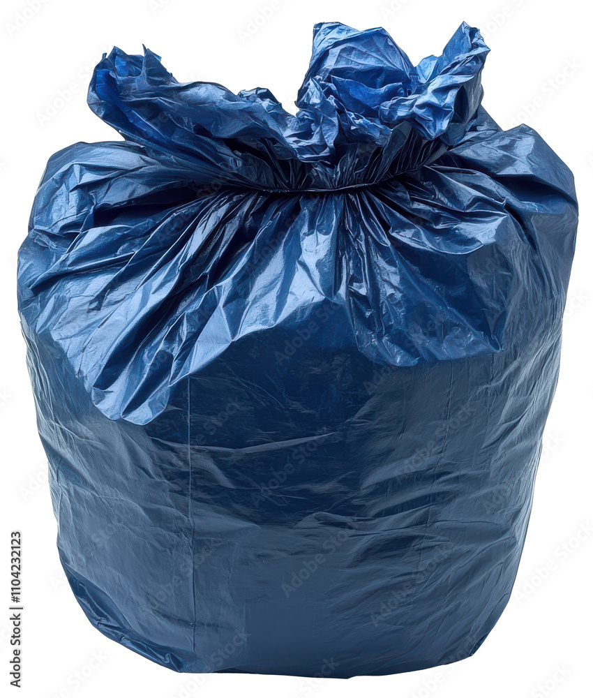 Large blue trash bag filled with waste near urban environment in daylight