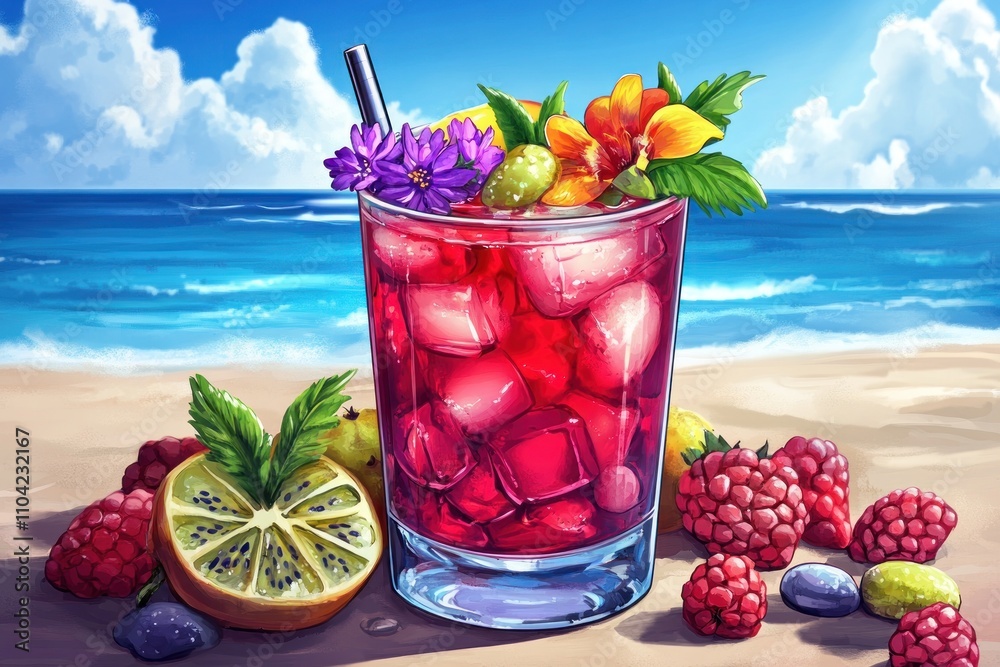A refreshing cocktail with fruits and flowers on a beach setting. A refreshing cocktail with fruits and flowers on a beach setting.