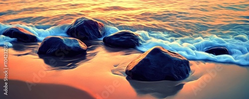 A serene beach scene featuring smooth rocks and gentle waves at sunset.