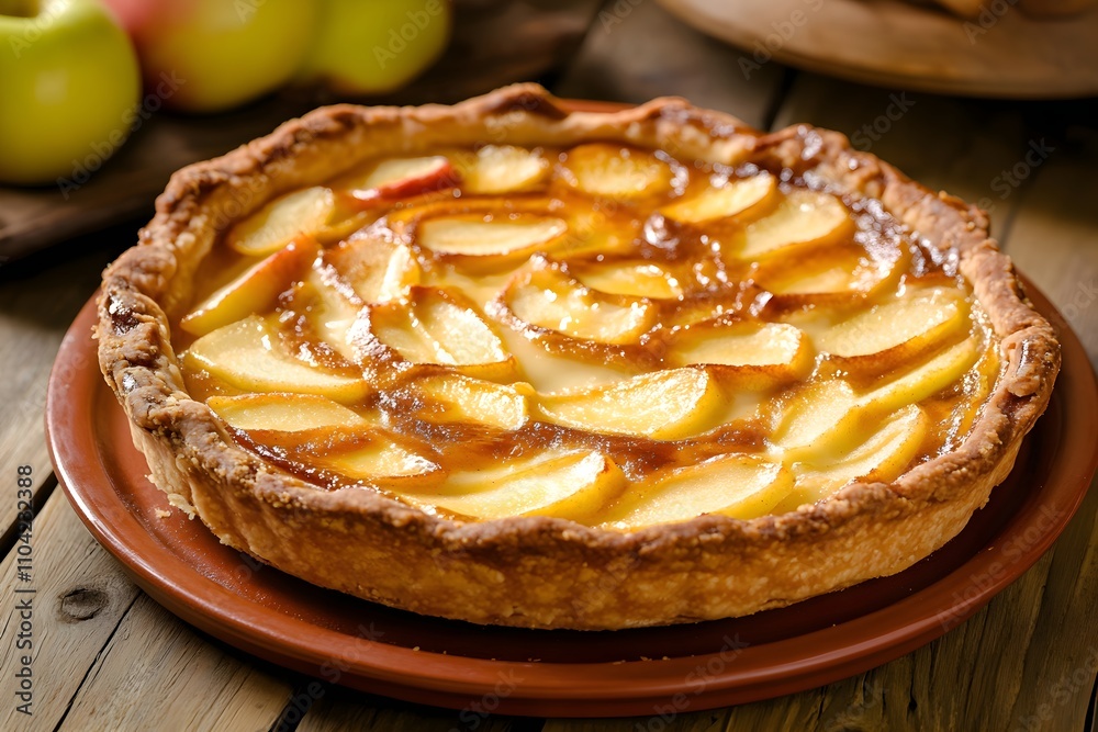 Golden Tarte Normande with caramelized apples on a terracotta plate, set on a wooden table in a cozy rustic kitchen with soft lighting Golden Tarte Normande with caramelized apples on a terracotta plate, set on a wooden table in a cozy rustic kitchen with soft lighting