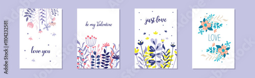 Floral Romantic Greeting Card for Valentine Day Vector Set