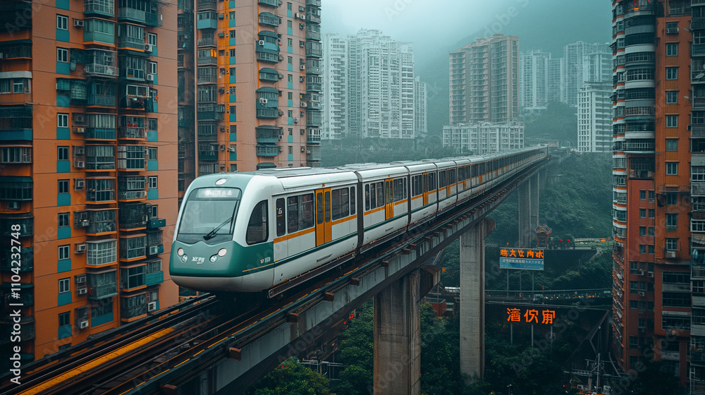 Fototapeta premium Modern Train on Elevated Railway in Urban Setting