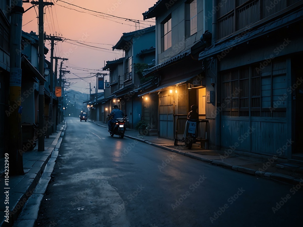 Atmospheric Japanese street scene at dawn, blending indigo to pastels. Atmospheric Japanese street scene at dawn, blending indigo to pastels.