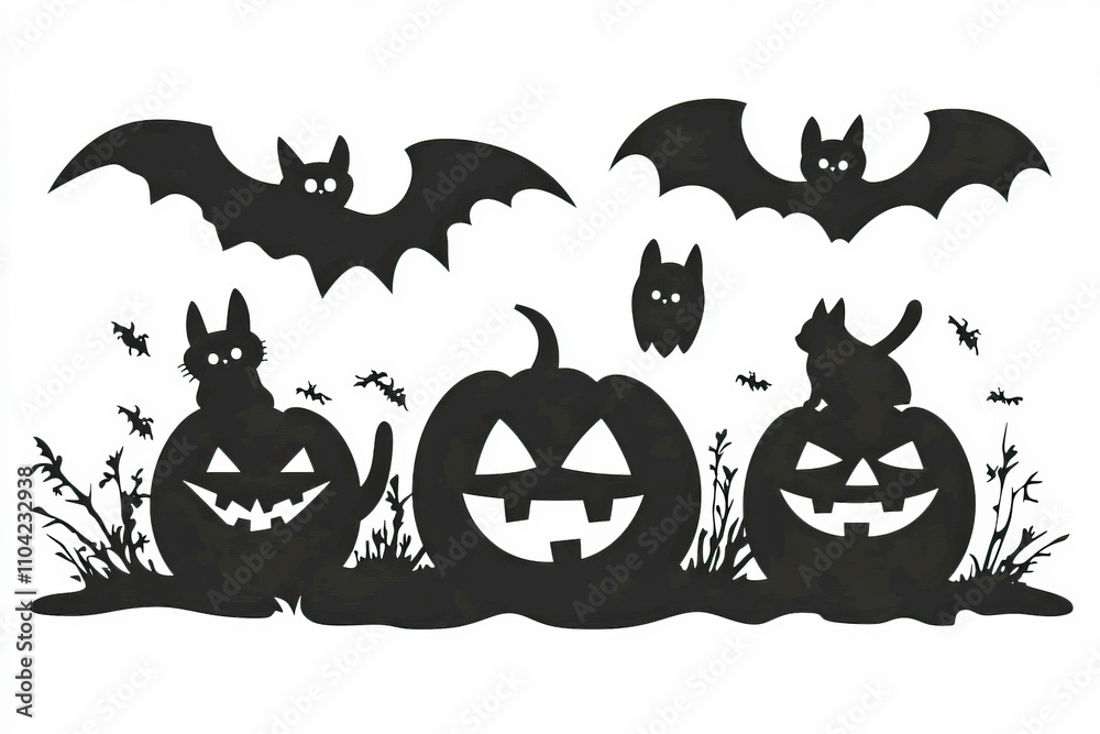 Fototapeta premium Halloween silhouettes: bats, cats, and carved pumpkins in a spooky night scene