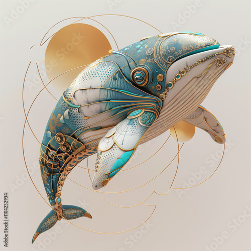 A Whale with blue and gold accents, in the style of surreal animal portraiture