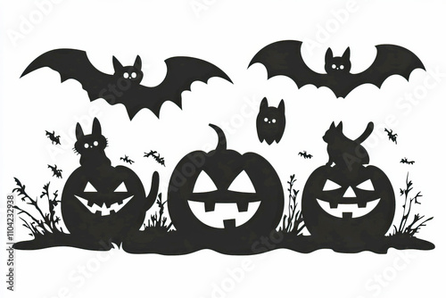 Halloween silhouettes: bats, cats, and carved pumpkins in a spooky night scene photo