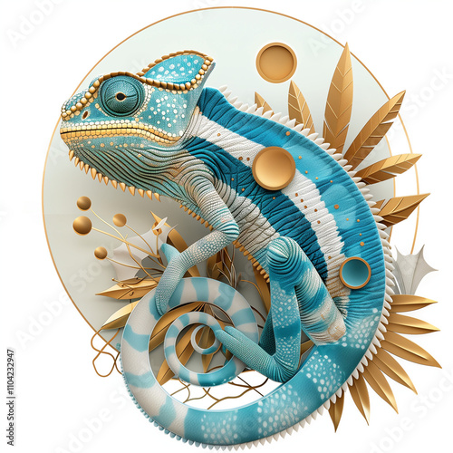 A chameleon with blue and gold accents, in the style of surreal animal portraiture