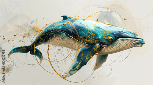 A Whale with blue and gold accents, in the style of surreal animal portraiture
