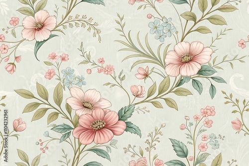 Wallpaper Mural Elegant floral pattern featuring soft pink and beige flowers with delicate green leaves and intricate vines, set against a light cream background. Torontodigital.ca
