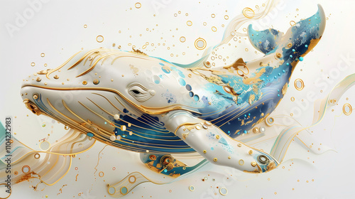 A Whale with blue and gold accents, in the style of surreal animal portraiture