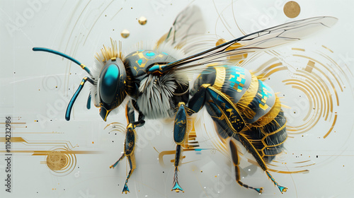 A bee with blue and gold accents, in the style of surreal animal portraits