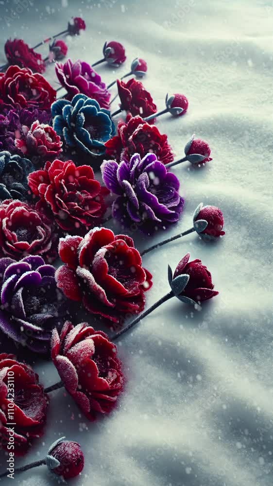 Burgundy and blue roses on snow - Floral winter background Burgundy and blue roses on snow - Floral winter background