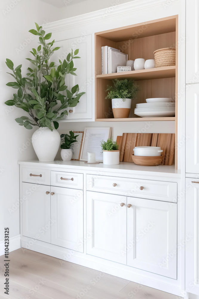 Fototapeta premium Elegant kitchen cabinetry with plants and dishware arranged harmoniously