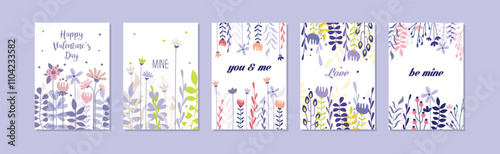 Floral Romantic Greeting Card for Valentine Day Vector Set