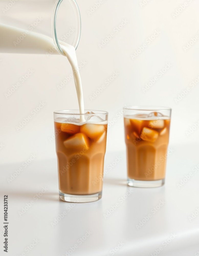 Cream is poured into iced coffee glasses in a bright kitchen setting during the morning hours Cream is poured into iced coffee glasses in a bright kitchen setting during the morning hours