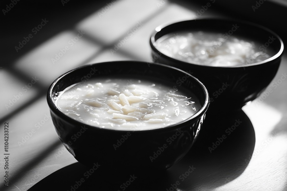 Two bowls of white rice with black rims. The bowls are sitting on a table