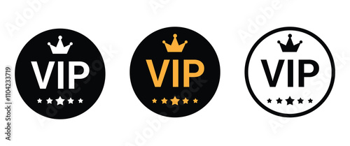 VIP label, badge or tag. VIP icons with crown and stars. Round label with three VIP level in gold, black  color. Modern vector illustration.