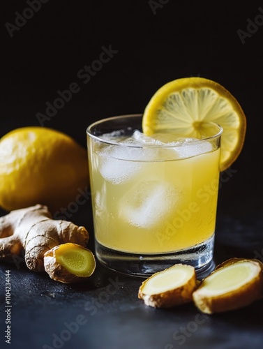 A refreshing ginger infused lemonade with slices of lemon and a sprig of cinnamon. photo