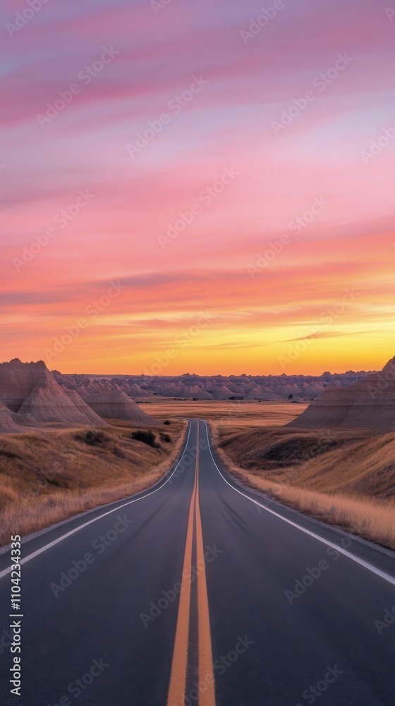 Scenic road winding through the badlands at sunset with vibrant sky colors Scenic road winding through the badlands at sunset with vibrant sky colors