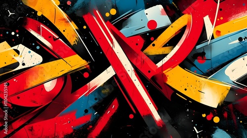 A colorful graffiti art piece with red, yellow, and blue lines